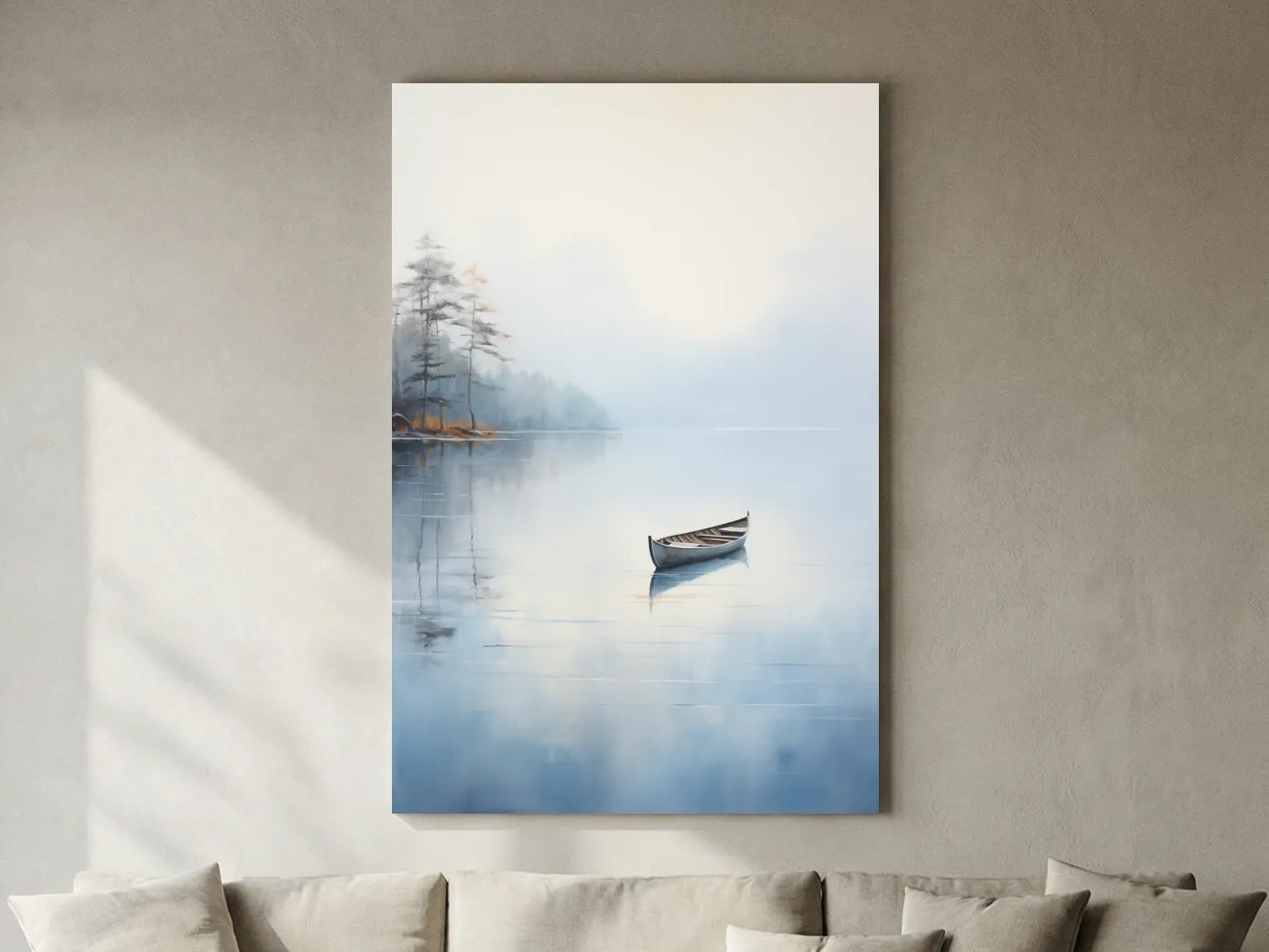 Misty Lake Canoe Reflection Painting - Serene Minimalist Waterscape Wall Art