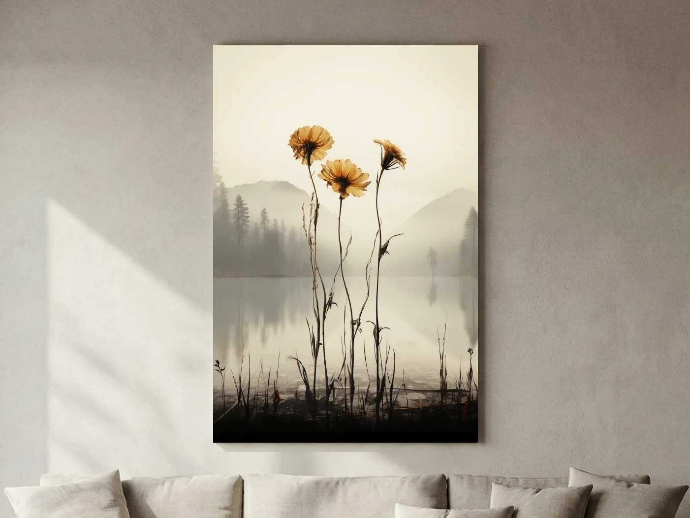 Wildflower Misty Lake Landscape - Minimalist Botanical Wall Art