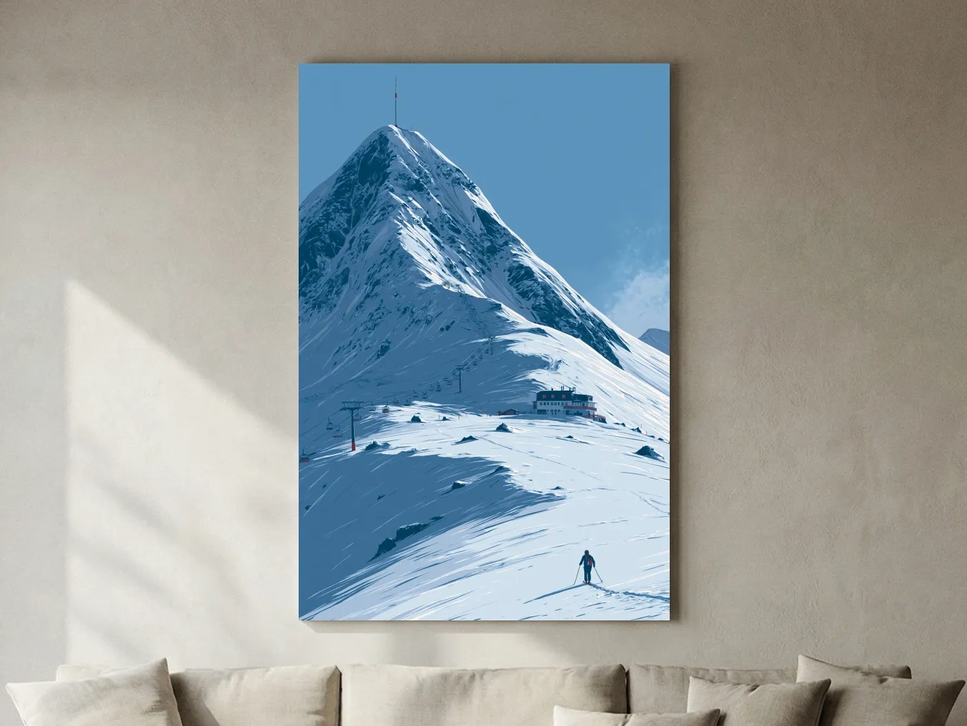Alpine Mountain Skier Artwork - Minimalist Winter Landscape Wall Art