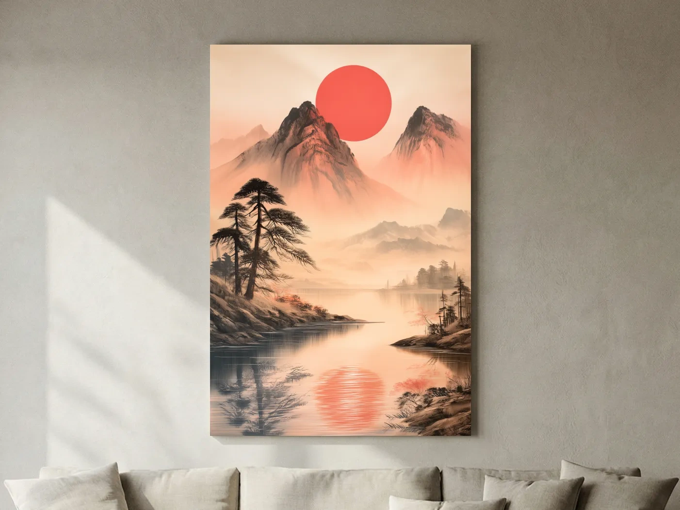Zen Misty Mountain Lake Sunrise - Japanese Ink Wash Wall Art