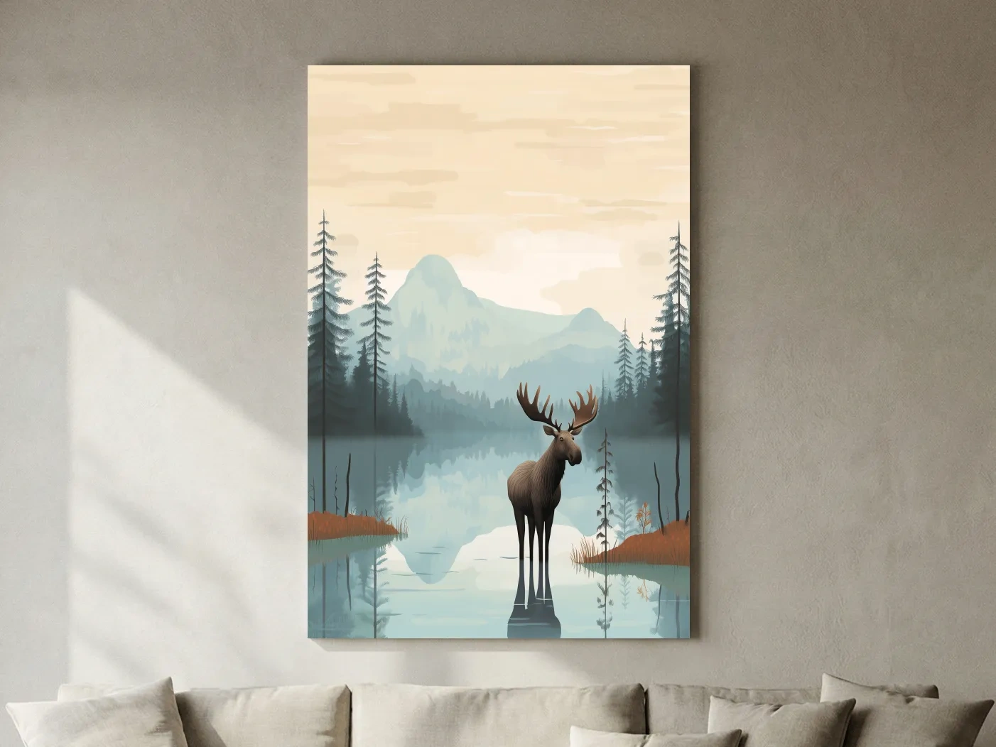 Moose Mountain Lake Illustration - Nursery Forest Mountain Wall Art