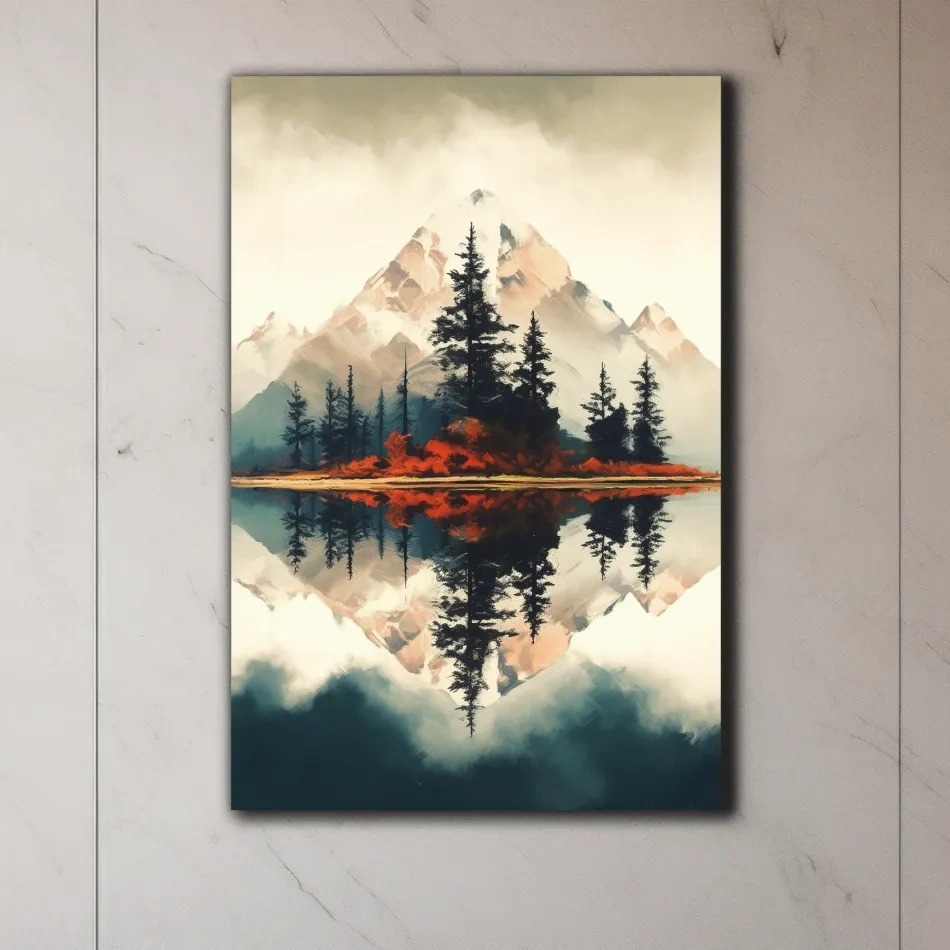 Minimal Mountain Lake Reflection With Pine Forest - Watercolor Landscape Wall Art