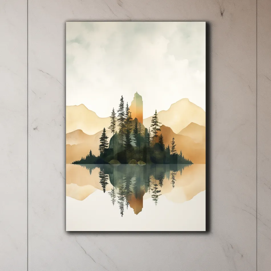 Minimal watercolour painting of alpine trees by a lake