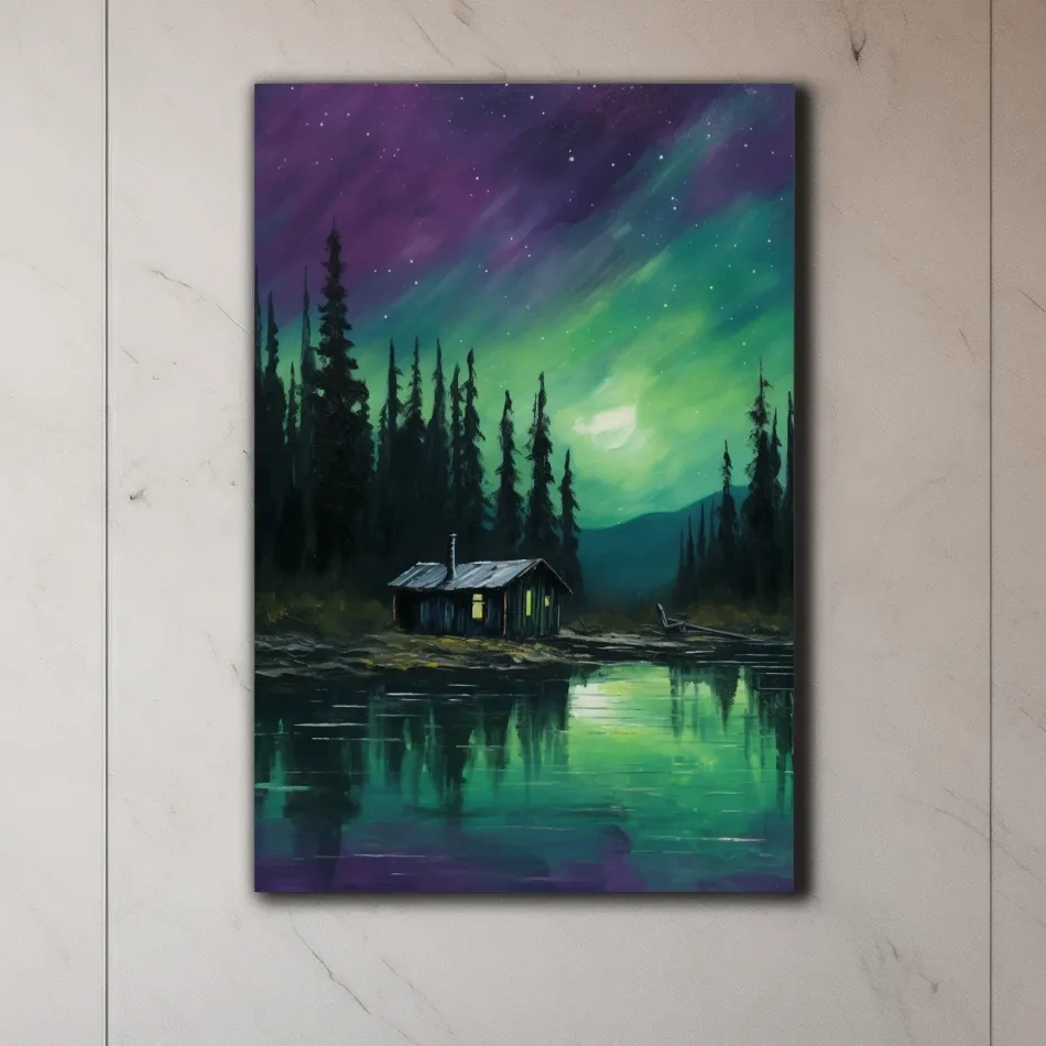 Painting of cabin by a lake under the northern lights night sky