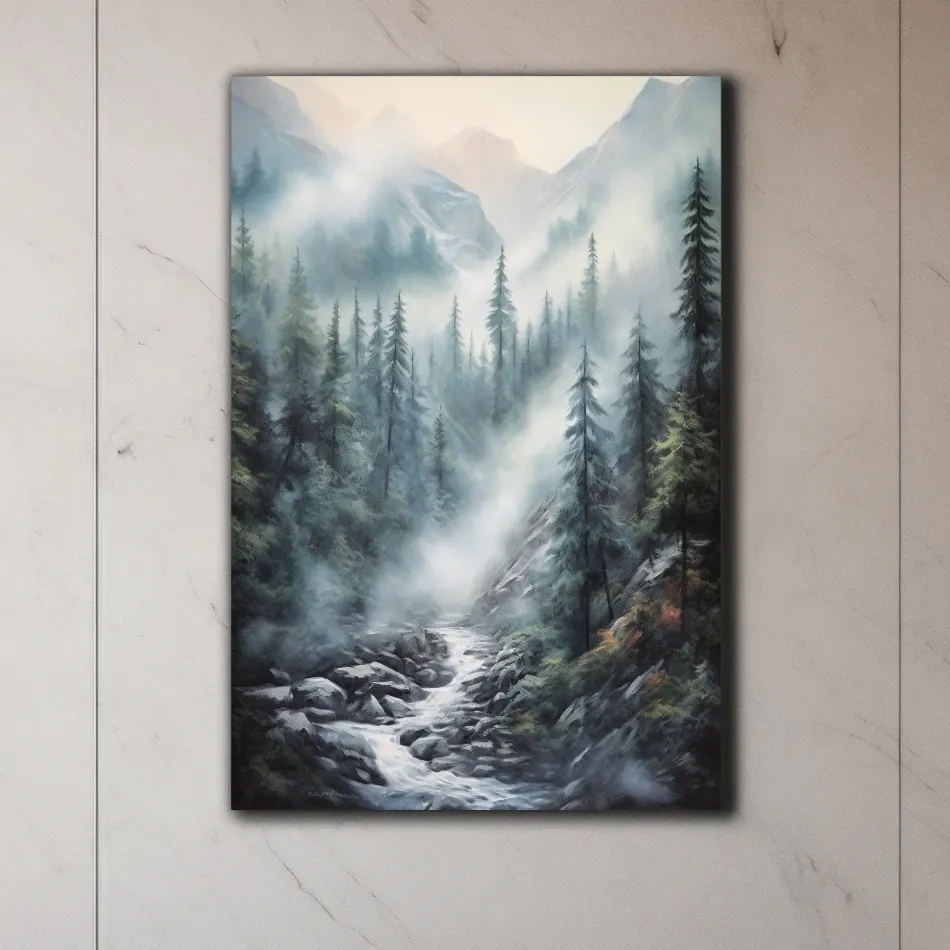 Misty Alpine Pine Forest River Painting - Moody Mountain Landscape Wall Art
