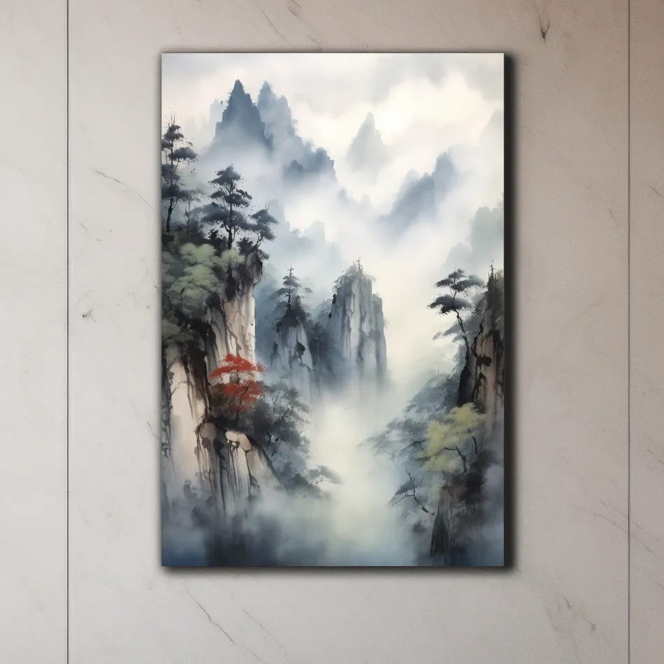Chinese ink wash style watercolour painting of a misty mountain landscape