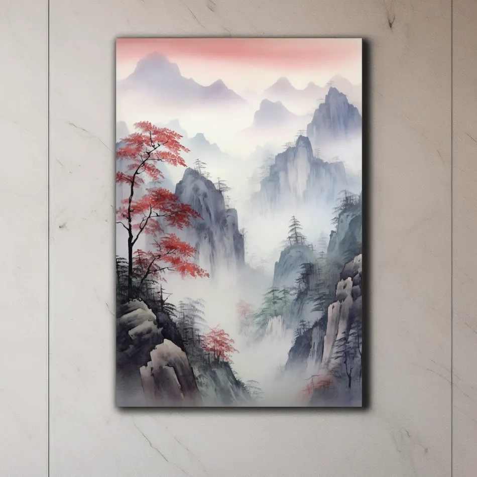 Chinese style ink wash watercolour painting of a foggy mountain scene
