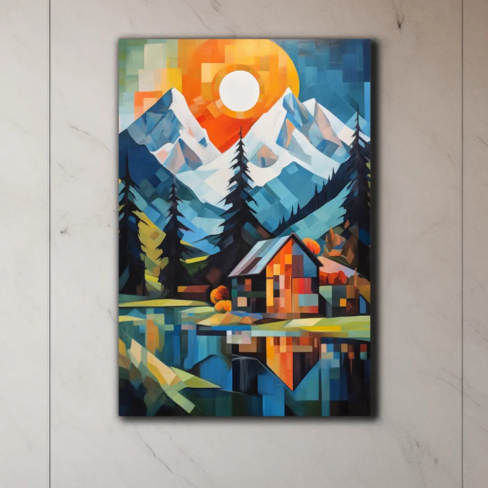 Abstract impressionist painting of a cabin by a lake and mountain at sunset
