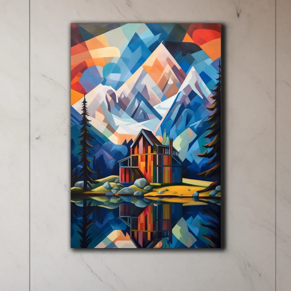 Vibrant Geometric Mountain Lake Cabin Painting - Abstract Alpine Wall Art