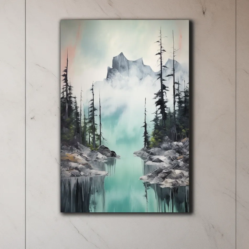 Painting of a turquoise alpine lake and mountain in the fog
