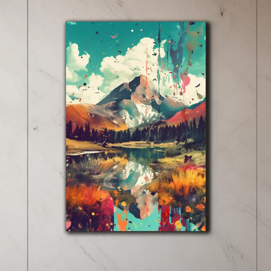 Colourful splattered abstract painting of a mountain and lake