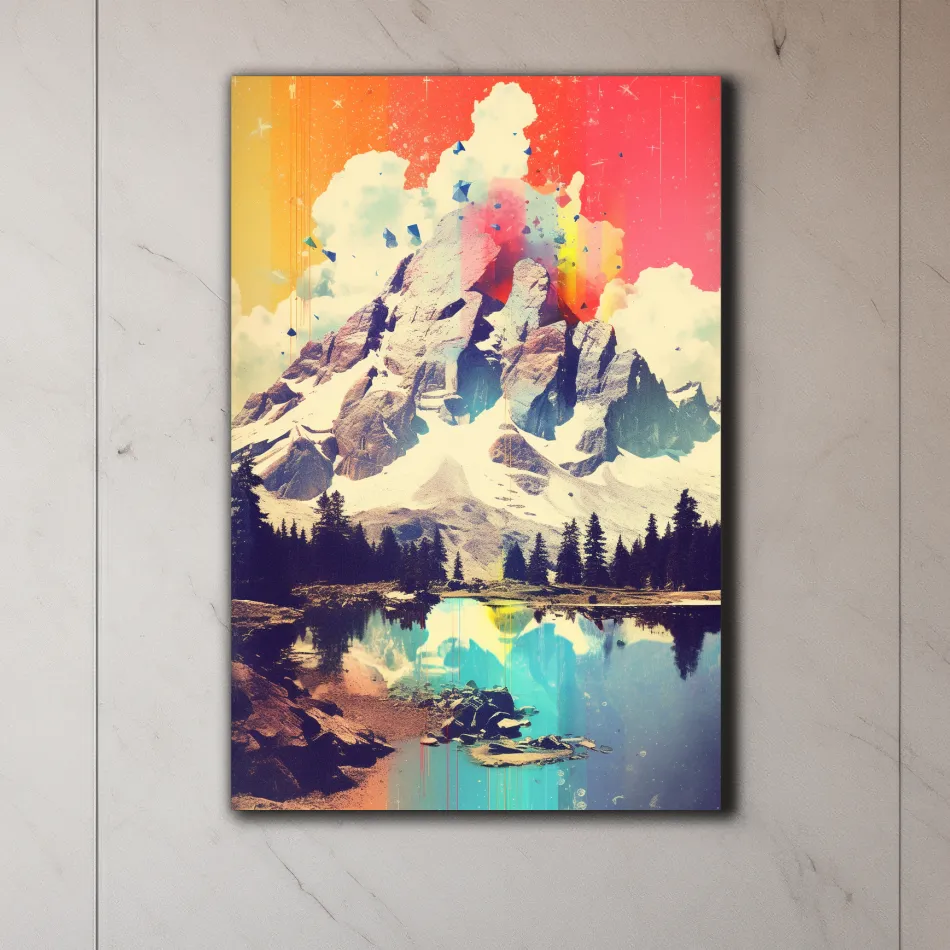 Colourful abstract painting of a mountain and lake