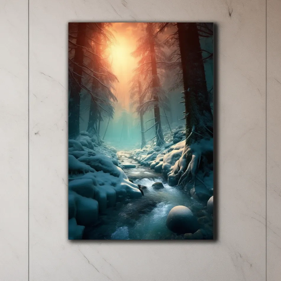 Misty Winter Forest Stream At Sunrise - Photographic Landscape Wall Art