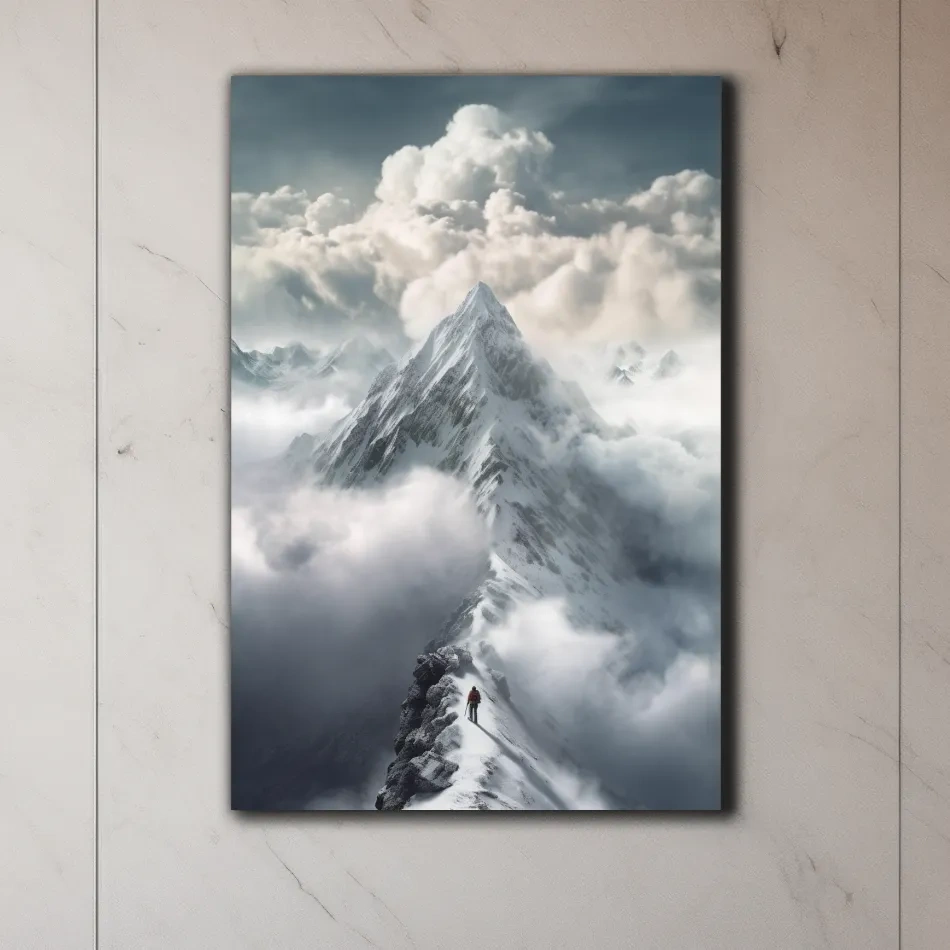 Painting of a person approaching the summit of a snowy mountain