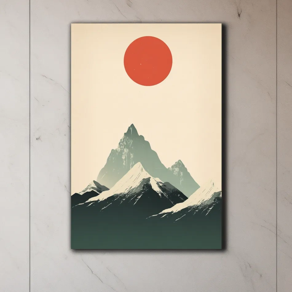 Japandi style minimalistic art of the sun over snow capped mountains