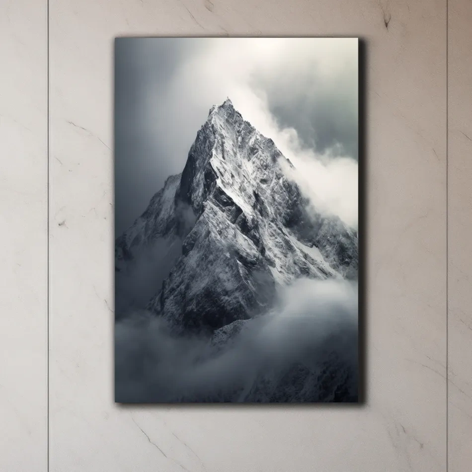 Photographic art, ominous snow capped mountain in the clouds