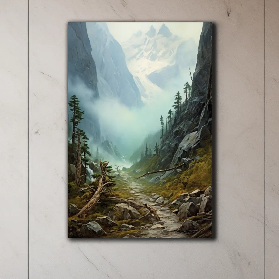 Painting of a foggy alpine scene