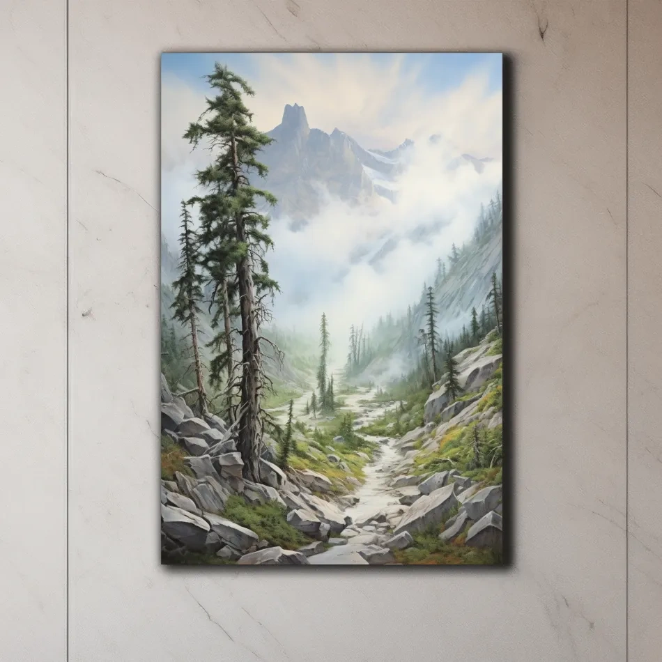 Painting of a trail leading into a foggy alpine scene