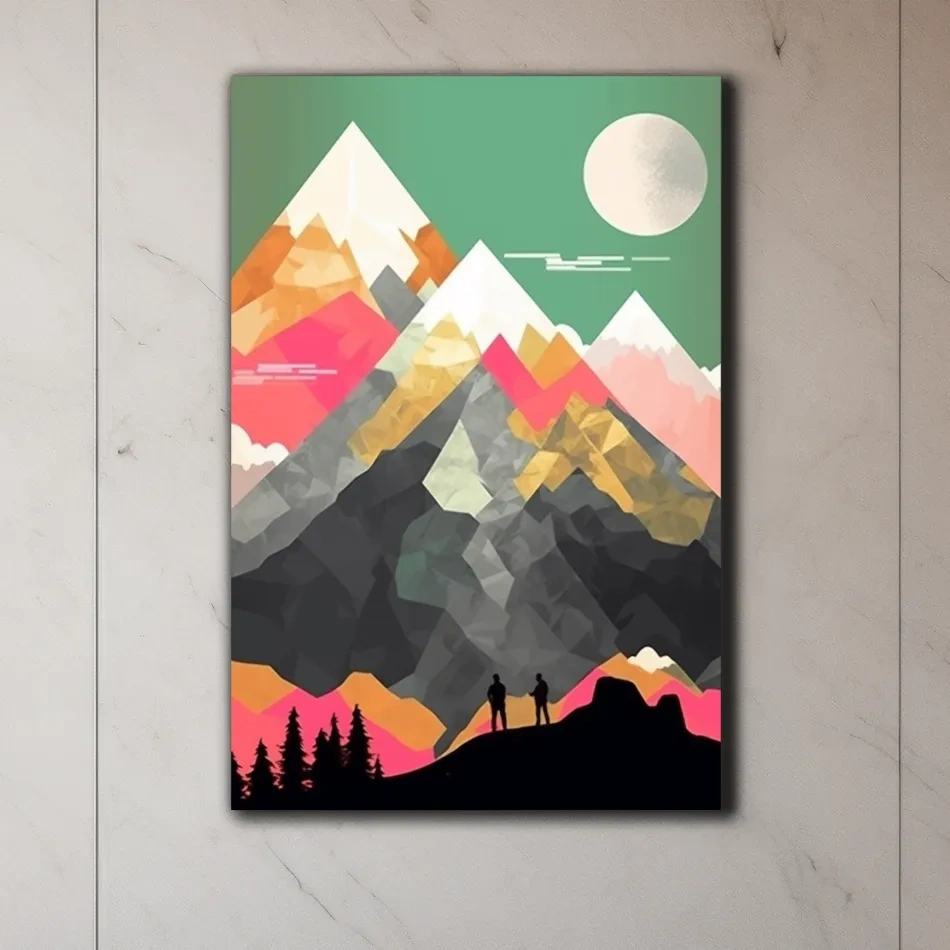 Simple flat colour 2d mountain art, colourful mountain ranges