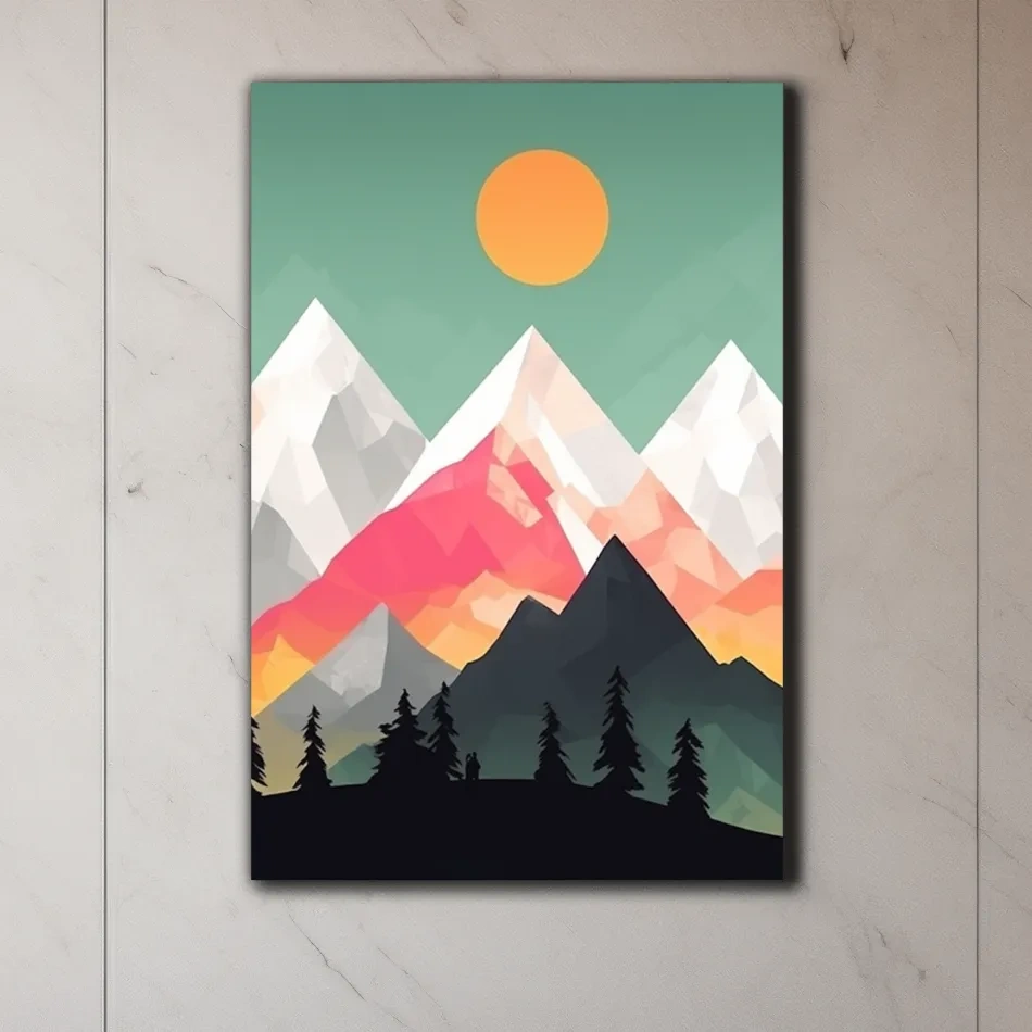 Simple flat colour 2d mountain art, colourful mountain ranges
