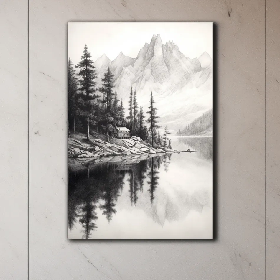 Lead pencil drawing of a cabin by an alpine lake