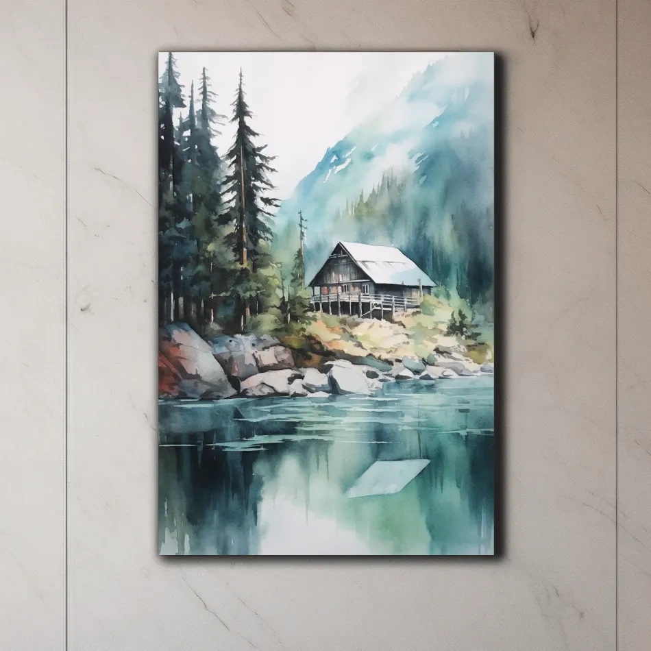 Watercolour painting of a cabin by a lake