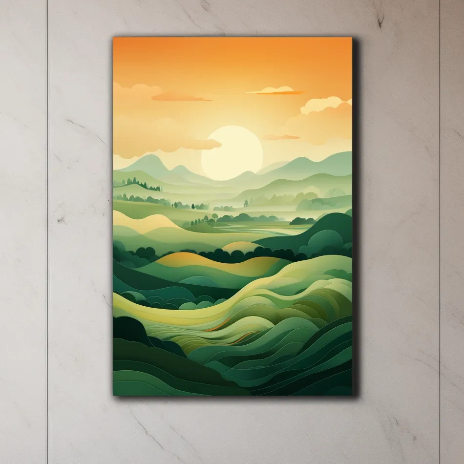 Illustration of rolling green hills at sunset