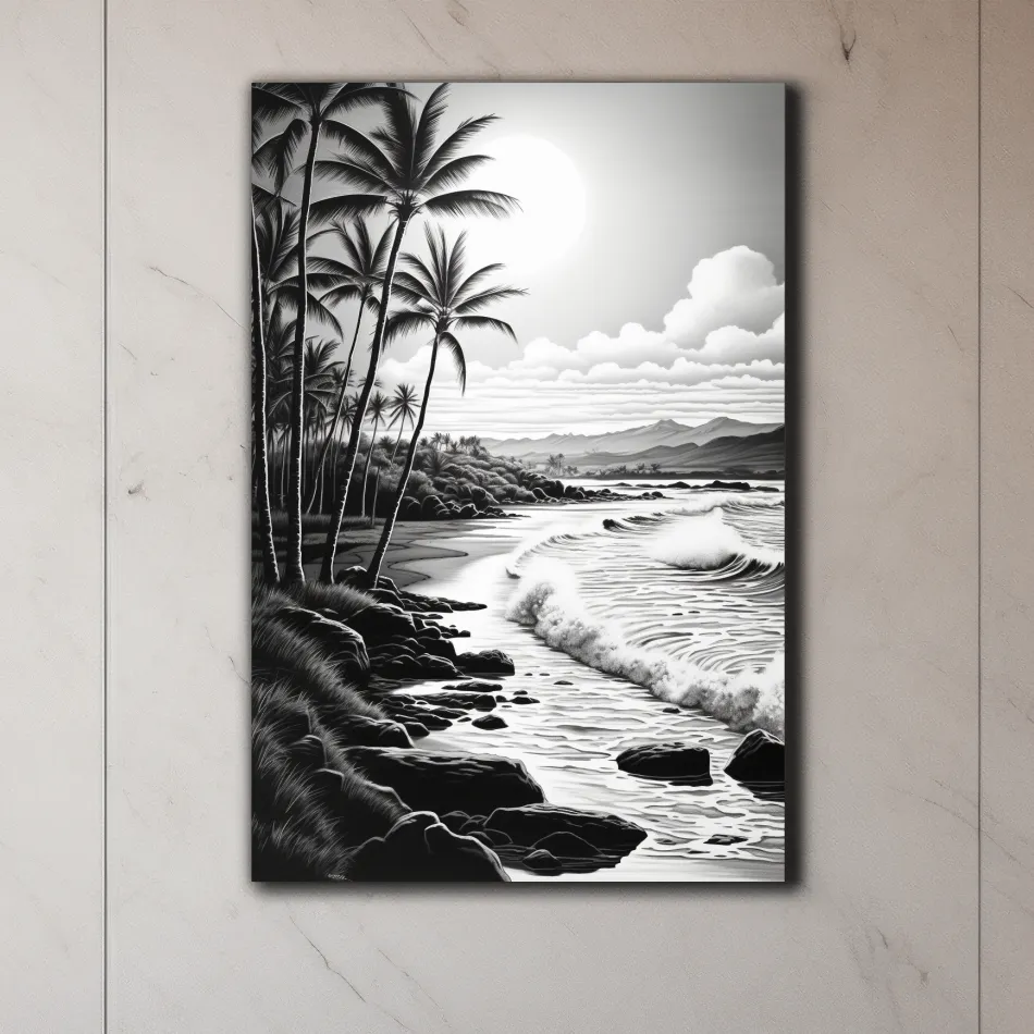 Black and white drawing of a tropical beach mountain scene