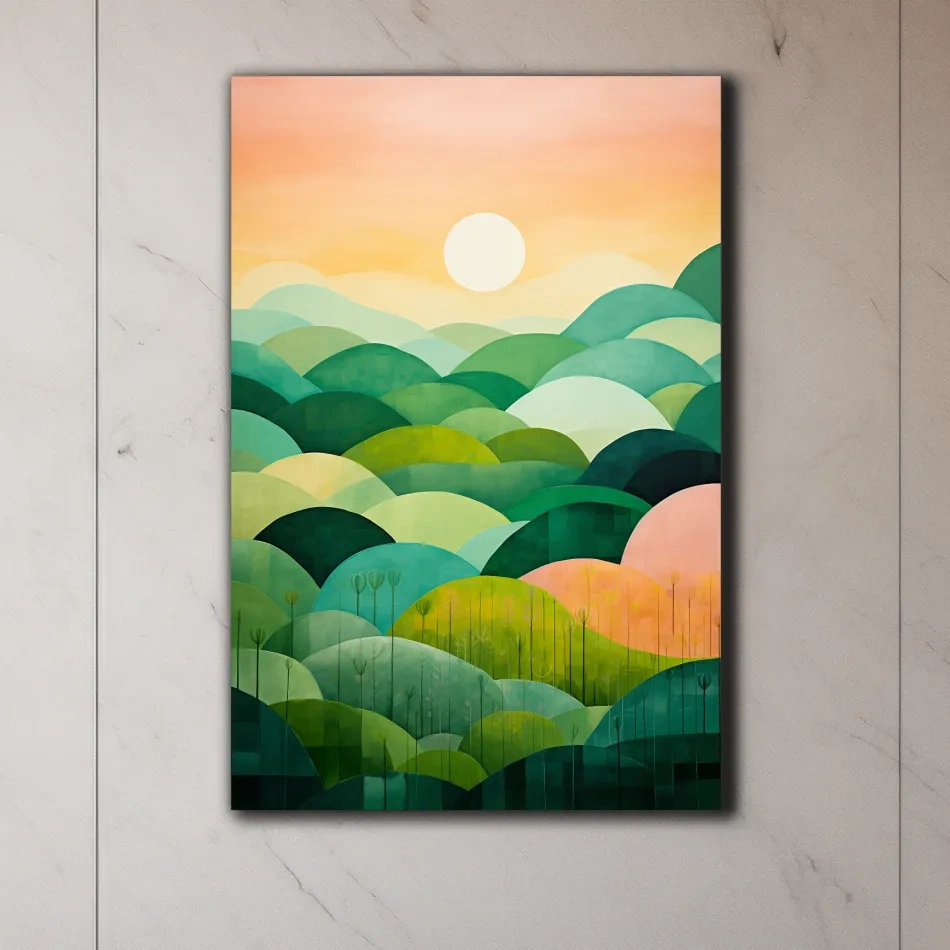 Rolling green abstract hills at sunset