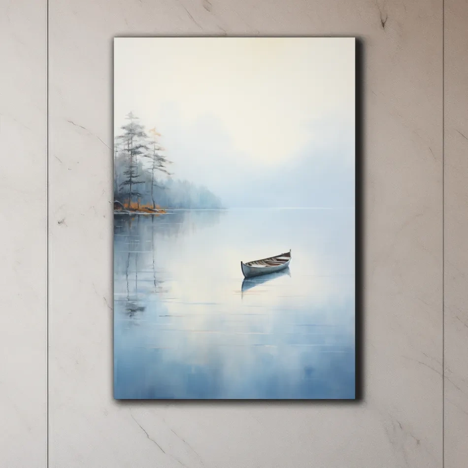 Watercolor painting, canoe on a misty lake
