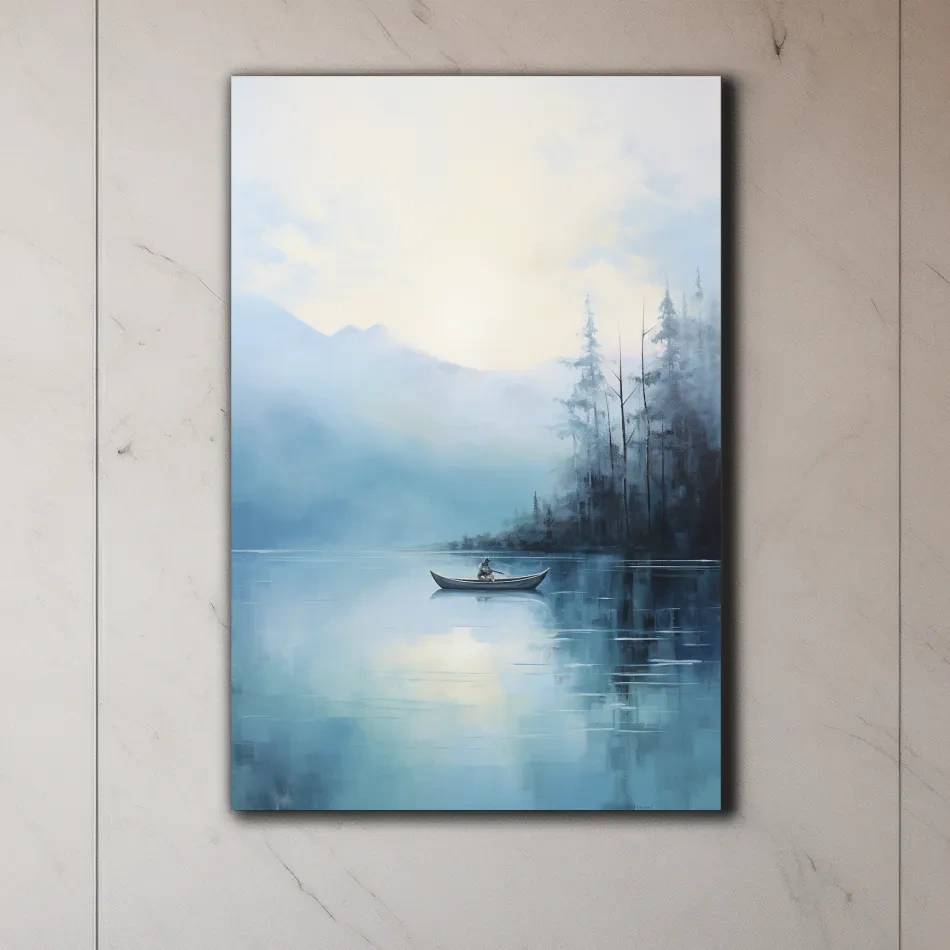 Painting of a fisherman on a torquoise lake