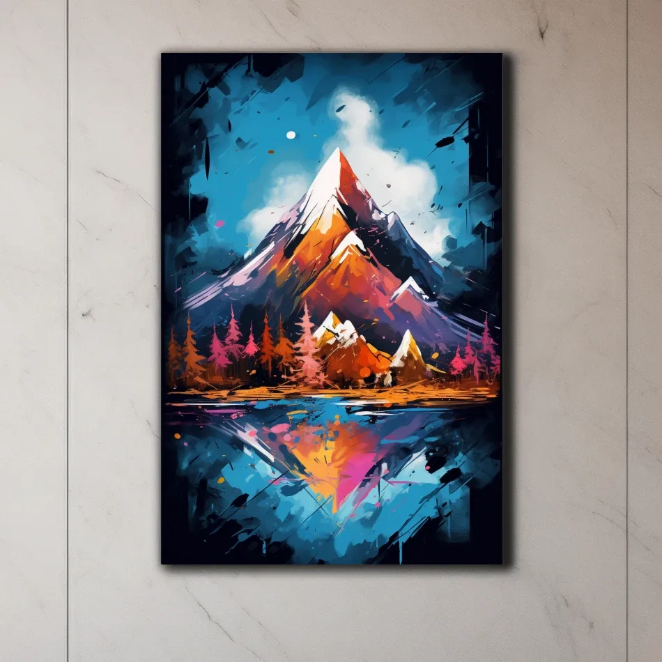 Vibrant Abstract Alpine Lake Painting - Colorful Mountain Forest Wall Art