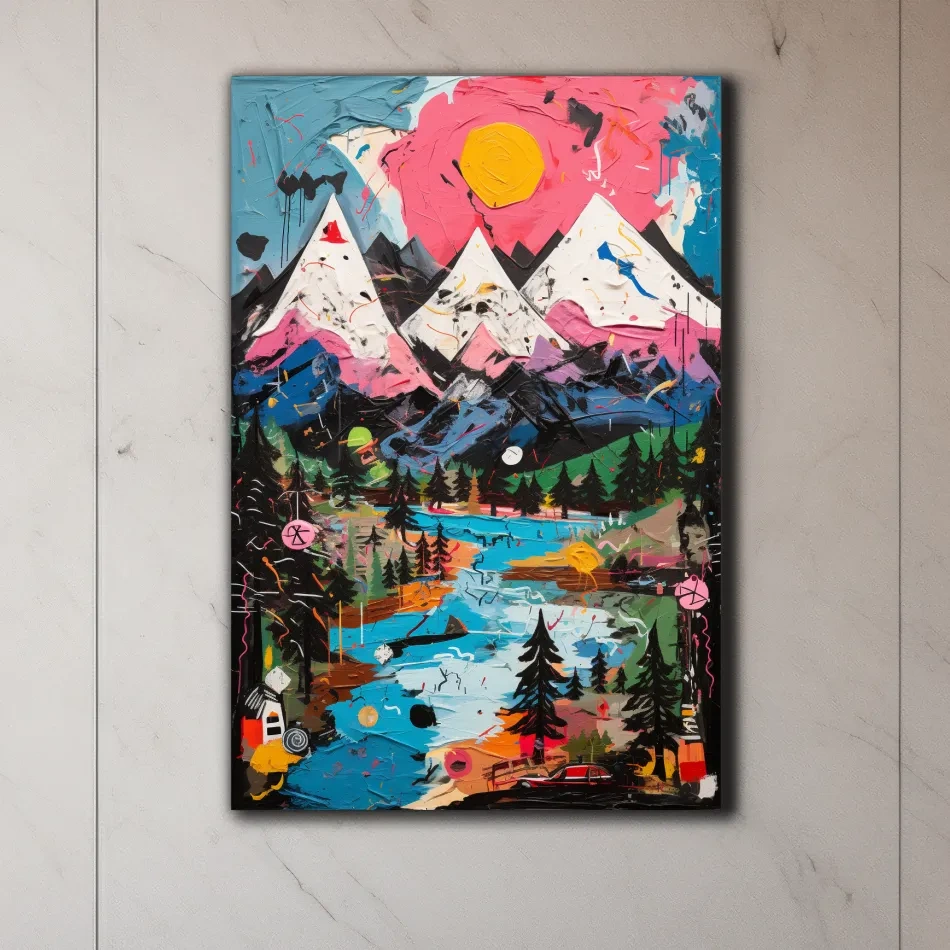 Bold abstract painting of an alpine mountain scene