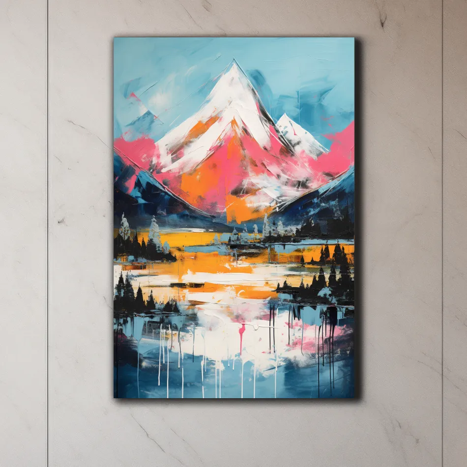Bright painting of a snow capped mountain
