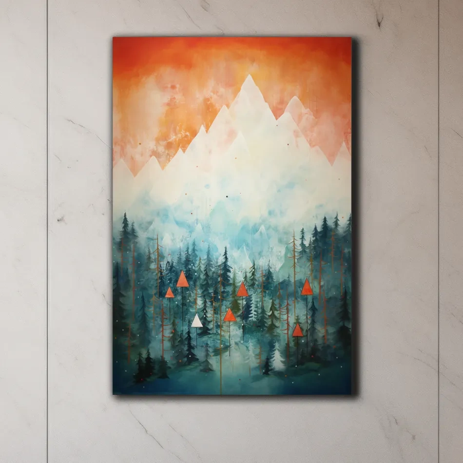 Abstract painting of a forest in the mountains