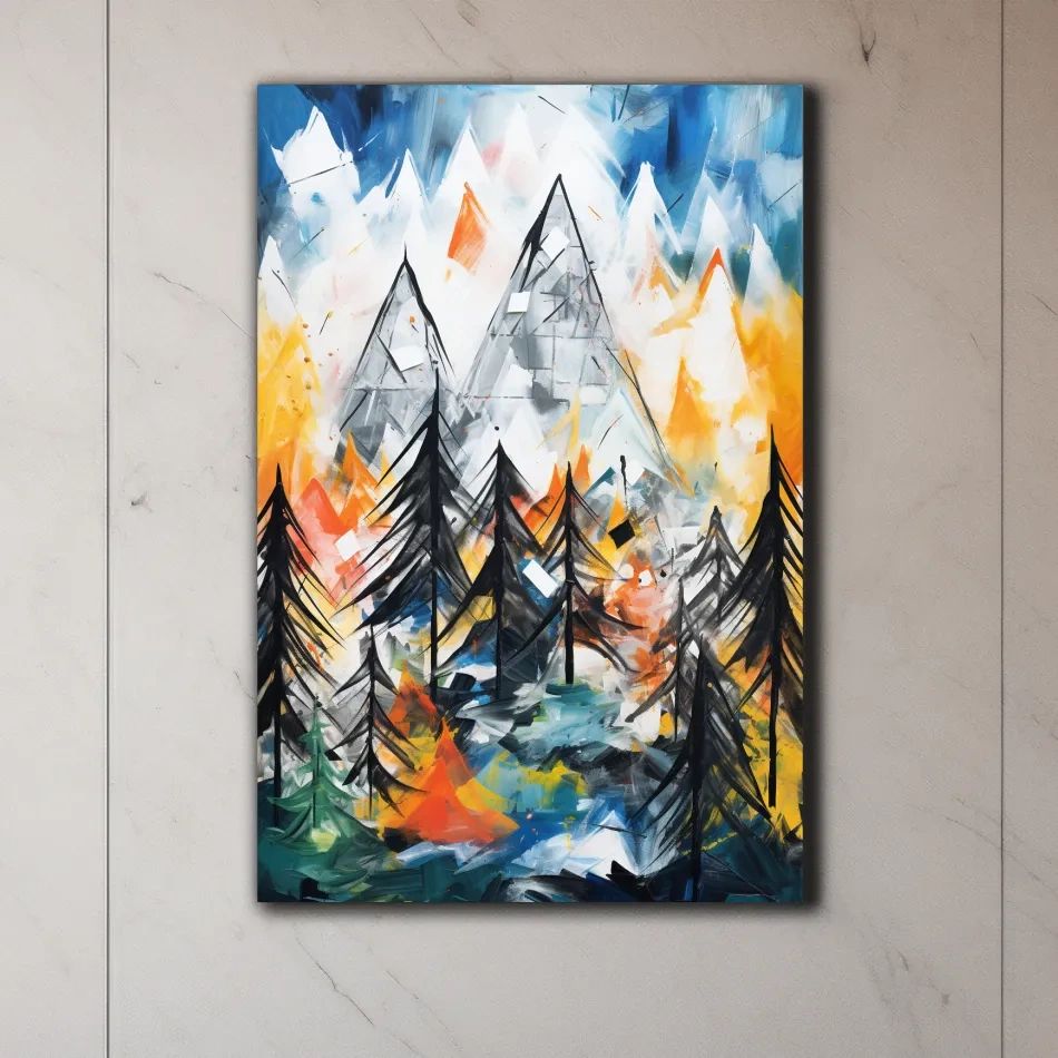 Abstract Alpine Mountain Peaks Painting - Colorful Energetic Pine Forest Landscape Wall Art