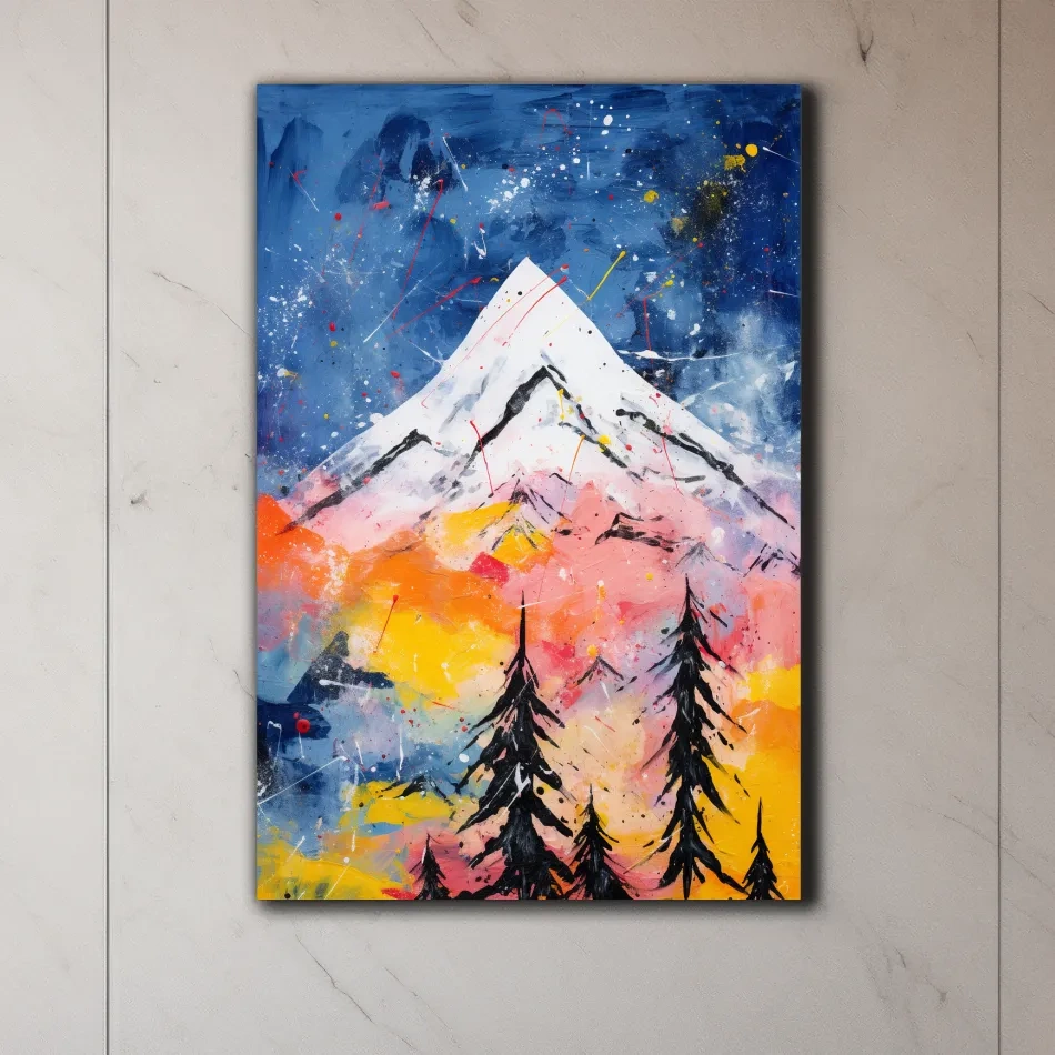 Vibrant Abstract Mountain Peak Sunset Painting - Colorful Acrylic Splash Forest Wall Art