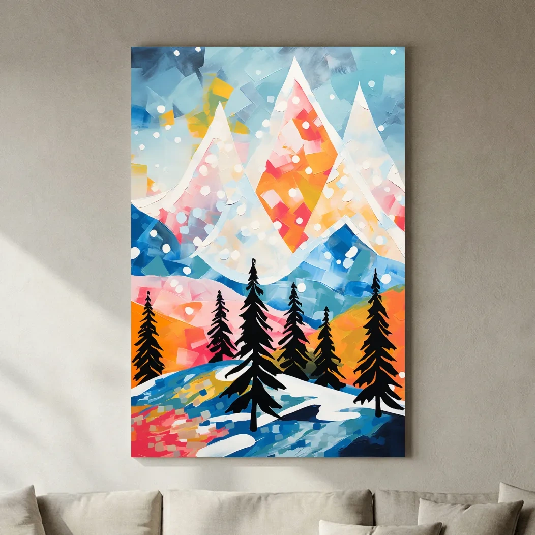 Simple colourful abstract painting of a snowy mountain scene