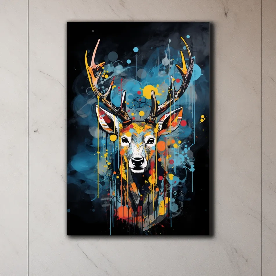 Deer head painting in a graffiti dripping style