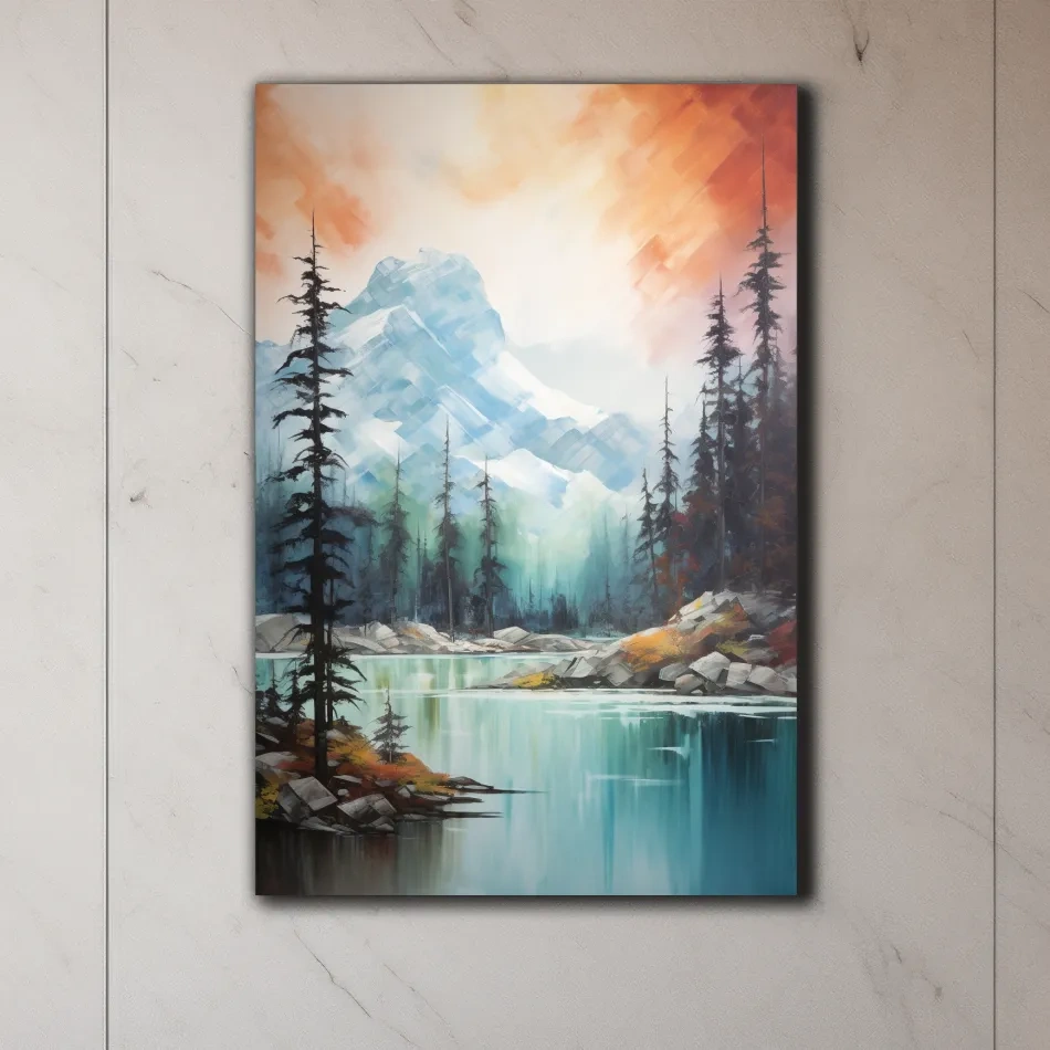 Beautiful mountain painting, turquoise lake in the alpine at sunset