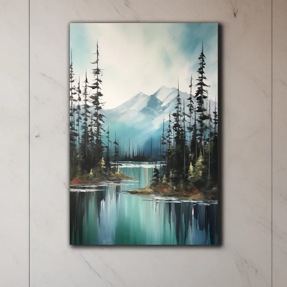 Alpine Turquoise Lake Watercolor Landscape - Serene Pine Forest Nature Wall Art