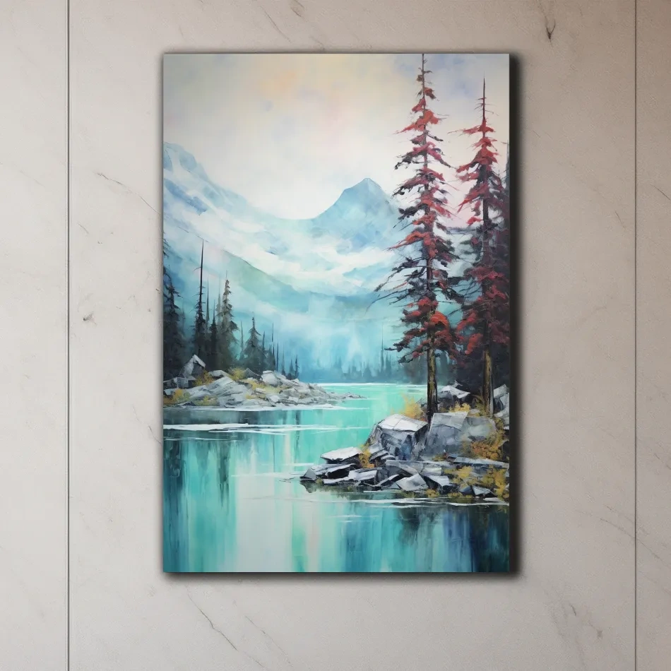 Misty Turquoise Alpine Lake Watercolor - Serene Mountain Landscape Wall Art