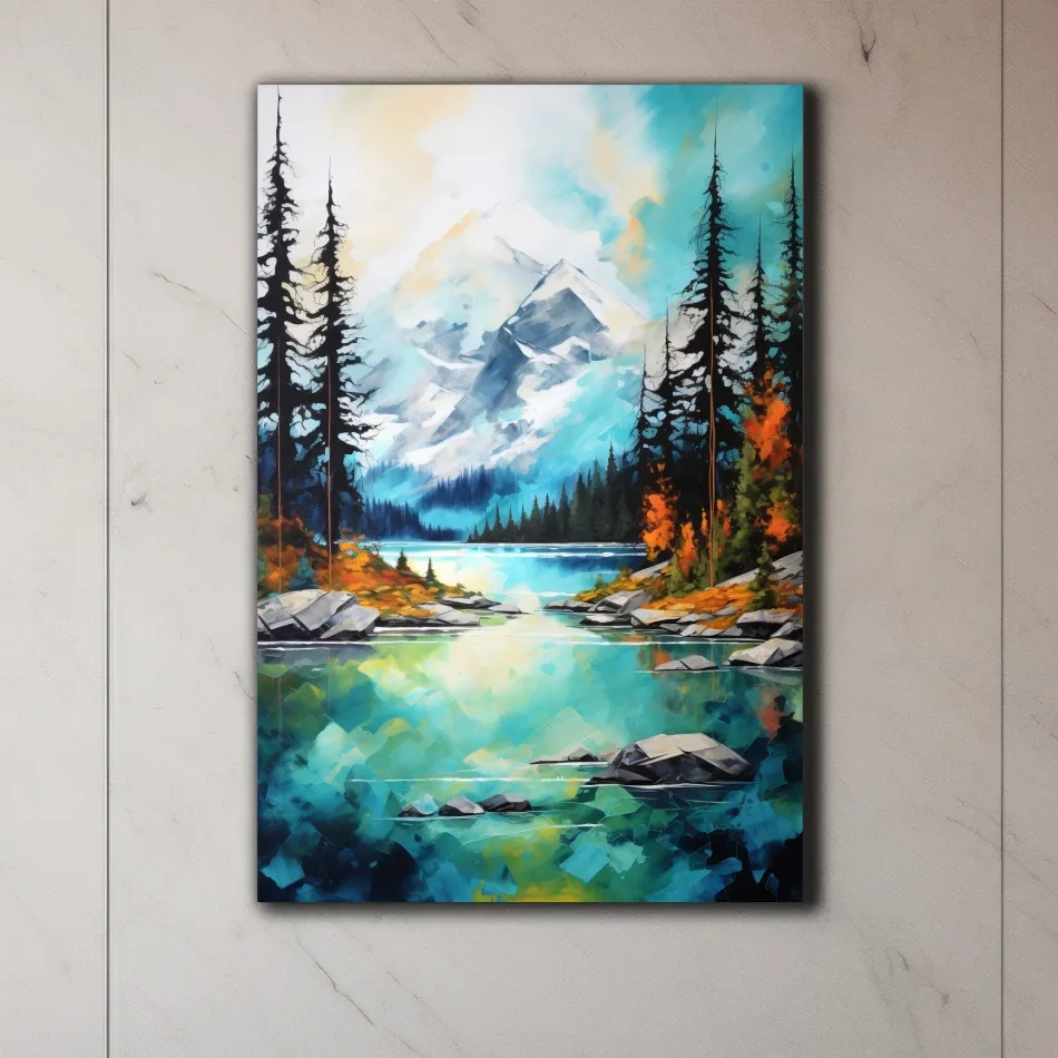 Torquoise alpine lake painting in the fall