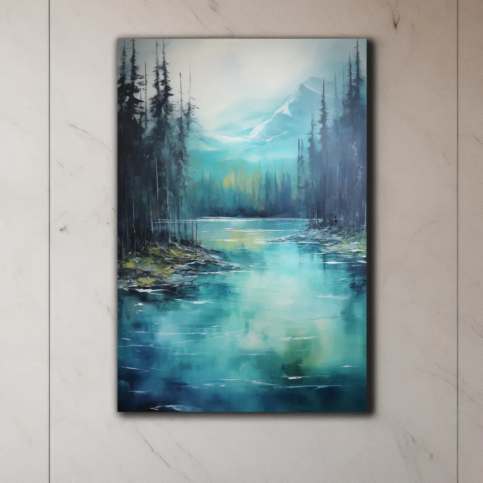 Thick oil painting, trees on a torquoise alpine lake