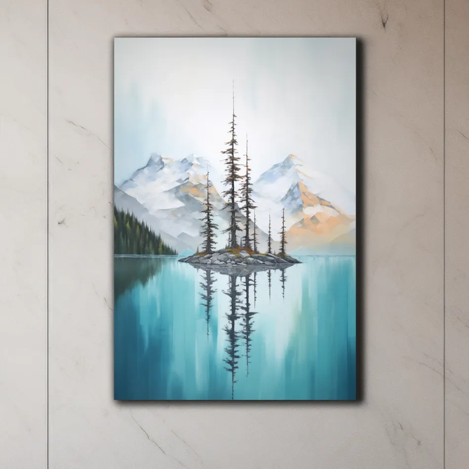Painting of trees in a turquoise alpine lake