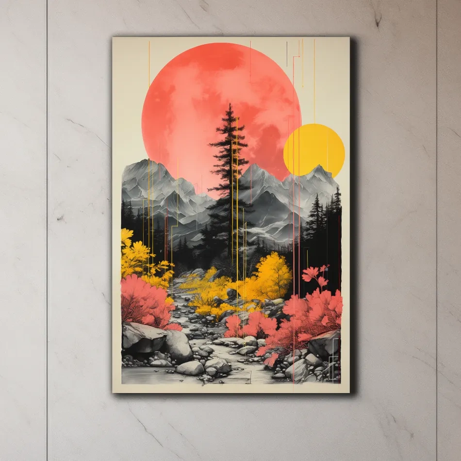 Pink and yellow contrasting artwork, alpine mountain scene