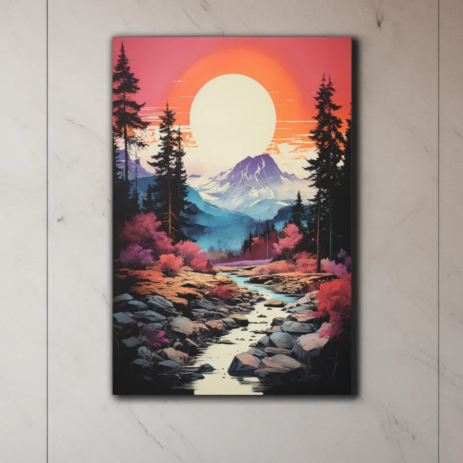 Colorful alpine scene at sunset, illustration