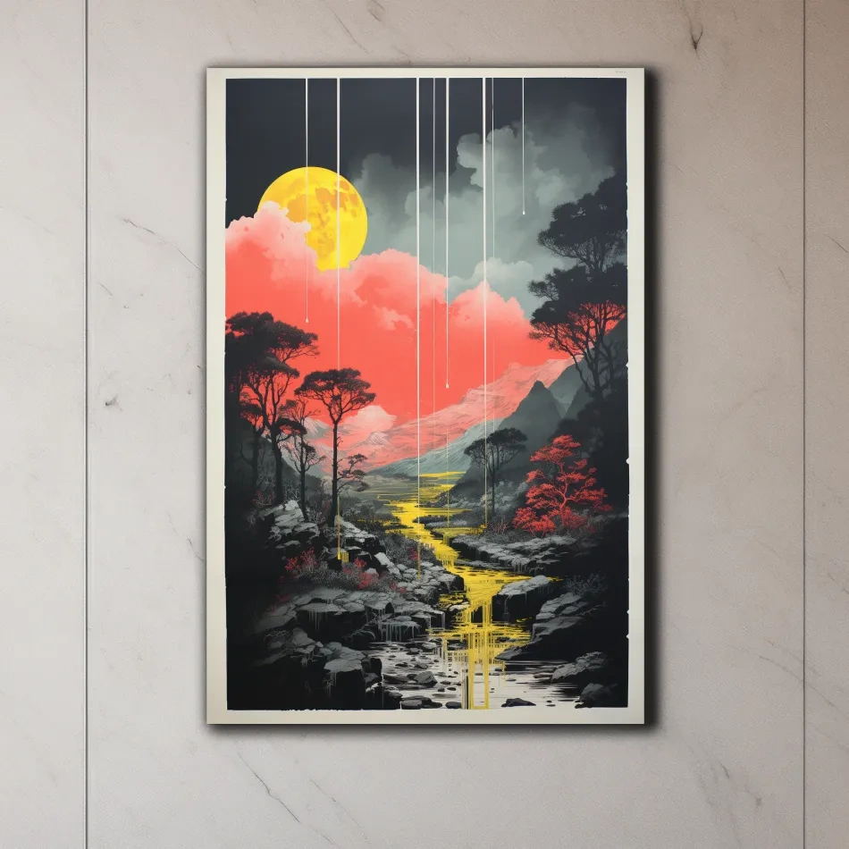 River running through the mountains, colourful illustration