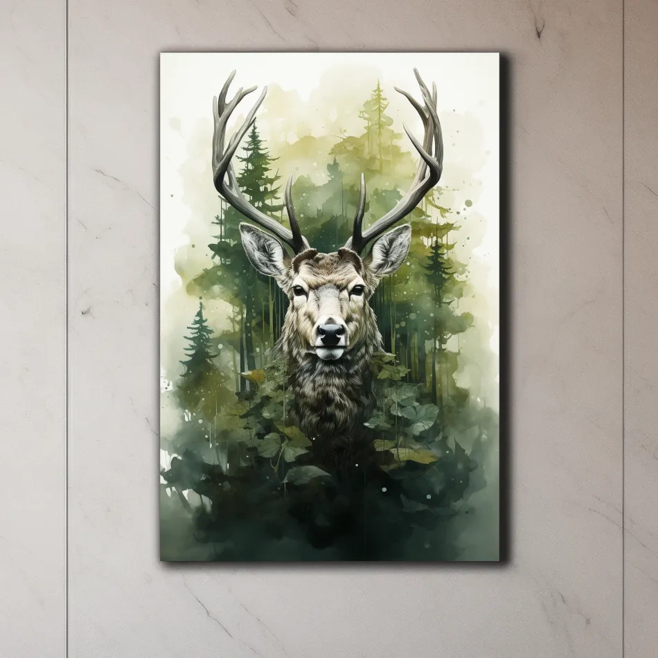 Watercolour painting, deer head in the foliage