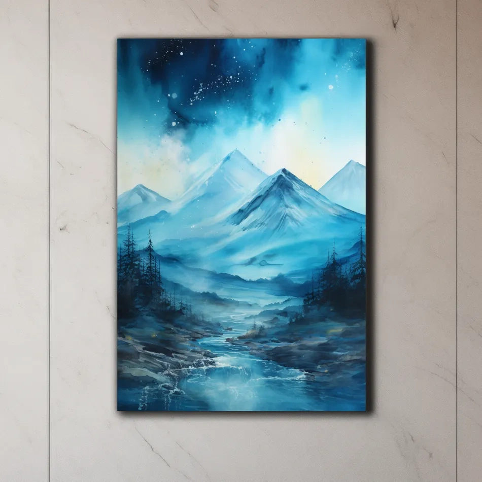 Watercolor painting, mountains under the stars